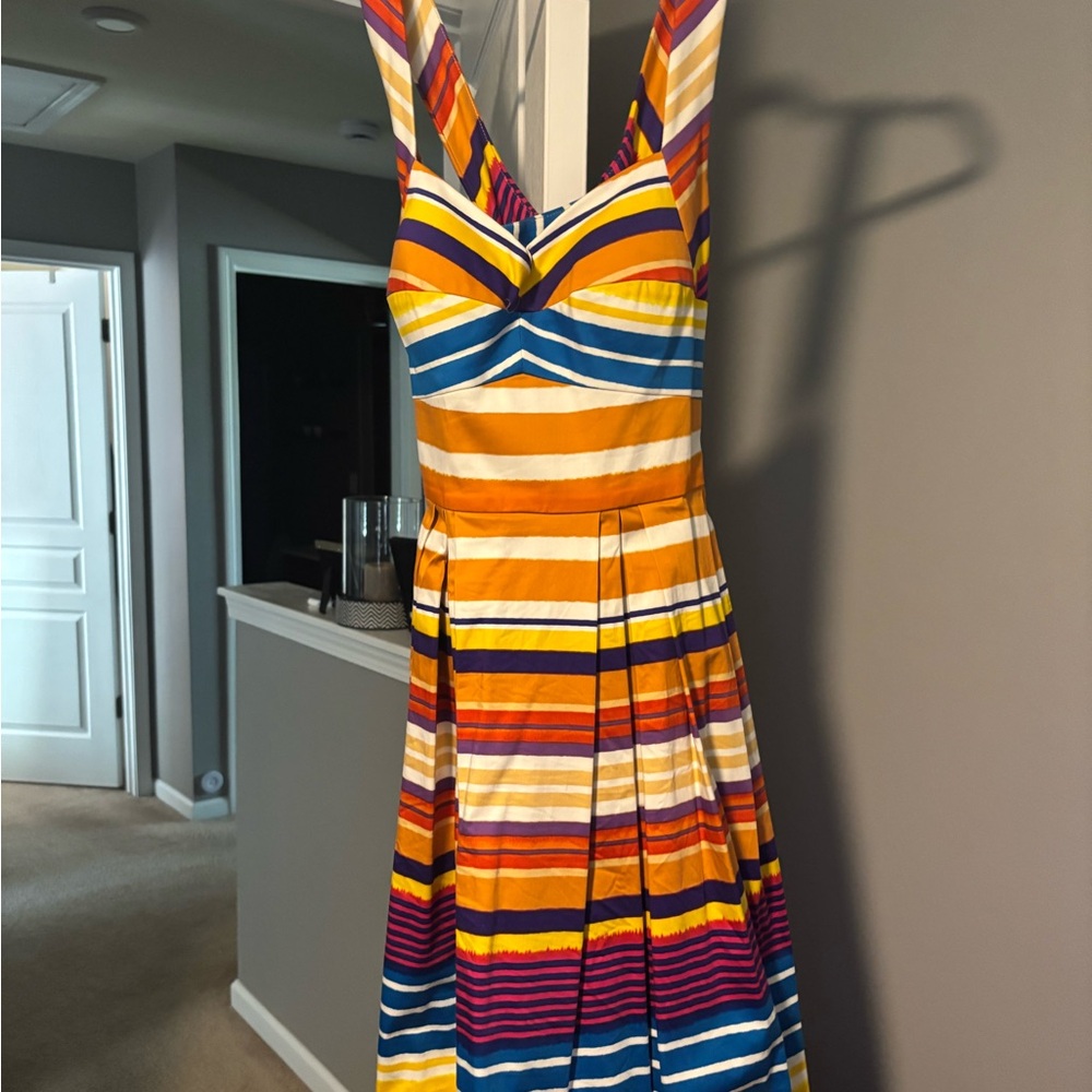 Striped Sleeveless Fit-and-Flare Dress in Yellow and Multicolor